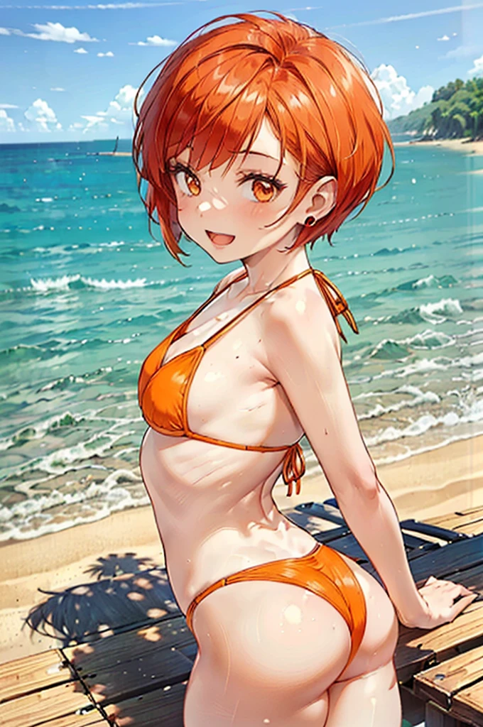 ((solo, alone)), 1girl walking on the beach, 1cute girls, a , (((red pixie cut))), ((wearing a pale orange bikini, pale orange eyes)), ((from back, looking back)), ((((flat chest)))), (((huge butt, thick thighs))), bikini wedgie, open mouth, smile, ((large ears))