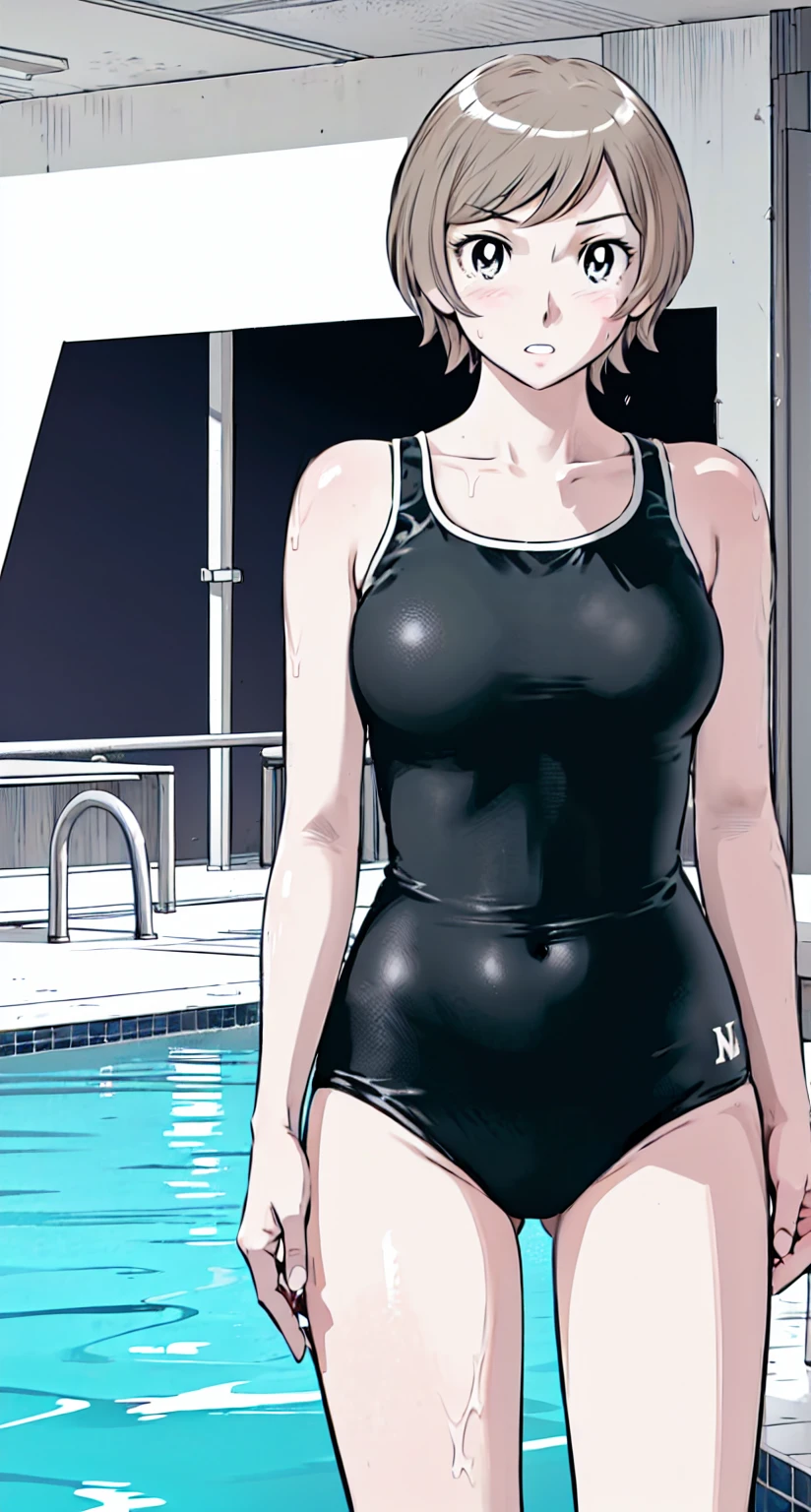 Blonde, (short hair:1.2)、((Illustration of a person))、Big Breasts、
View your viewers,, (Highest quality:1.3),blue eye star piece、Highest quality)、Highest quality, Ultra-high resolution, (((masterpiece))), alone, Sweat、Big eyes、Big Breasts、One Girl, Front view、Embarrassed face、Bronze colored hair、((short hair))、One Girl, alone, blush, Big Breasts,
Bare arms, Wet, Pool, 青いSchool Swimsuit, Thighs, Place your arms at your sides, Bare arms, Cowboy Shot, Are standing, School Swimsuit,bite、High Leg、Mansuji