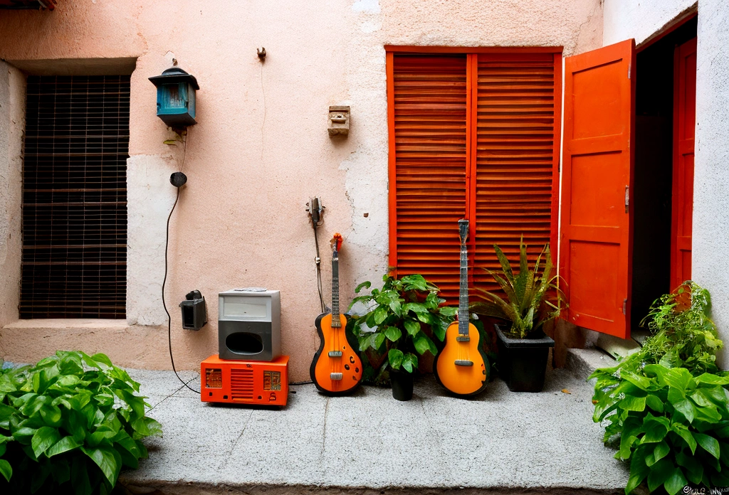 gato naranja en habitacion gris estilo lo-fi con instrumentos musicales, gato en la ventana, notas musicales flotando