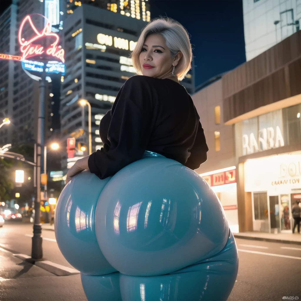 Beautiful 65 year old grandmother, mulher idosa de cabelos brancos, with her back to the camera showing a huge ass in shiny white latex pants, cintura muito fina, quadril largo, beautiful grandmother, linda velha, night and urban scenery with bokeh and flares on camera