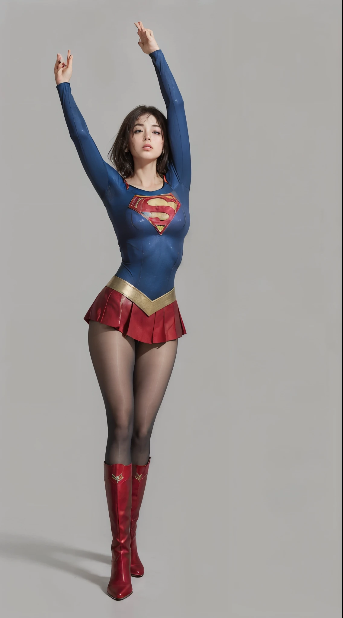 No background、extinct、She always has a troubled look on her face、Always close your eyes、Keep your arms up at all timesおく、Keep your arms up at all times、(((Beautiful legs in black tights.)))、(((Stretch your legs、expensive、あなたのsufferingを合法的に表現する)))、((((Make the most of your original images)))、(((Supergirl Costume)))、(((Beautiful short bob hair)))、(((suffering)))、(((Black tights legs、Wear red boots)))、((Best image quality、8k))、((Highest quality、8k、masterpiece:1.3))、(((Preserve background )))、Sharp focus:1.2、Beautiful woman with perfect figure:1.4、Slim Abs:1.2、Wet body:1.5、Highly detailed face and skin texture、8k