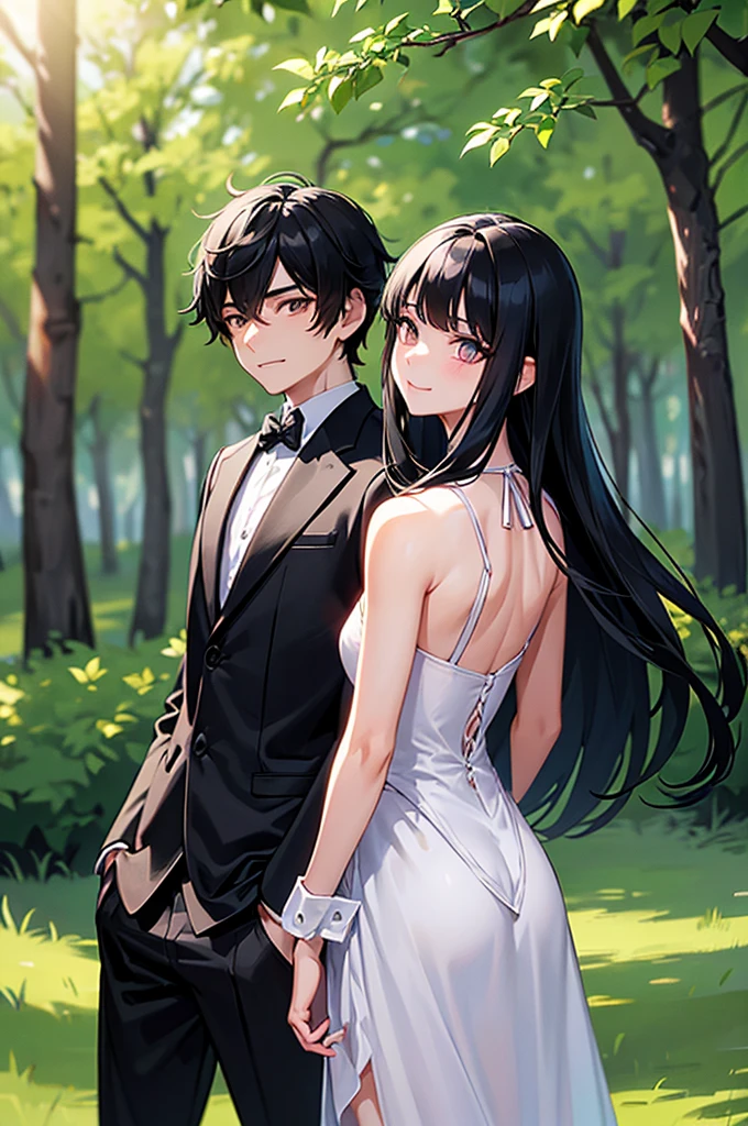 A boy and a girl, 1 woman (She has long black hair), 1 man (he has short black hair).wearing a formal dress, Anime style,Delicate facial features,Beautiful eyes,Expression smile,Delicate facial features,Pretty Face,daytime, Stand in the forest, Sunlight,Backlight