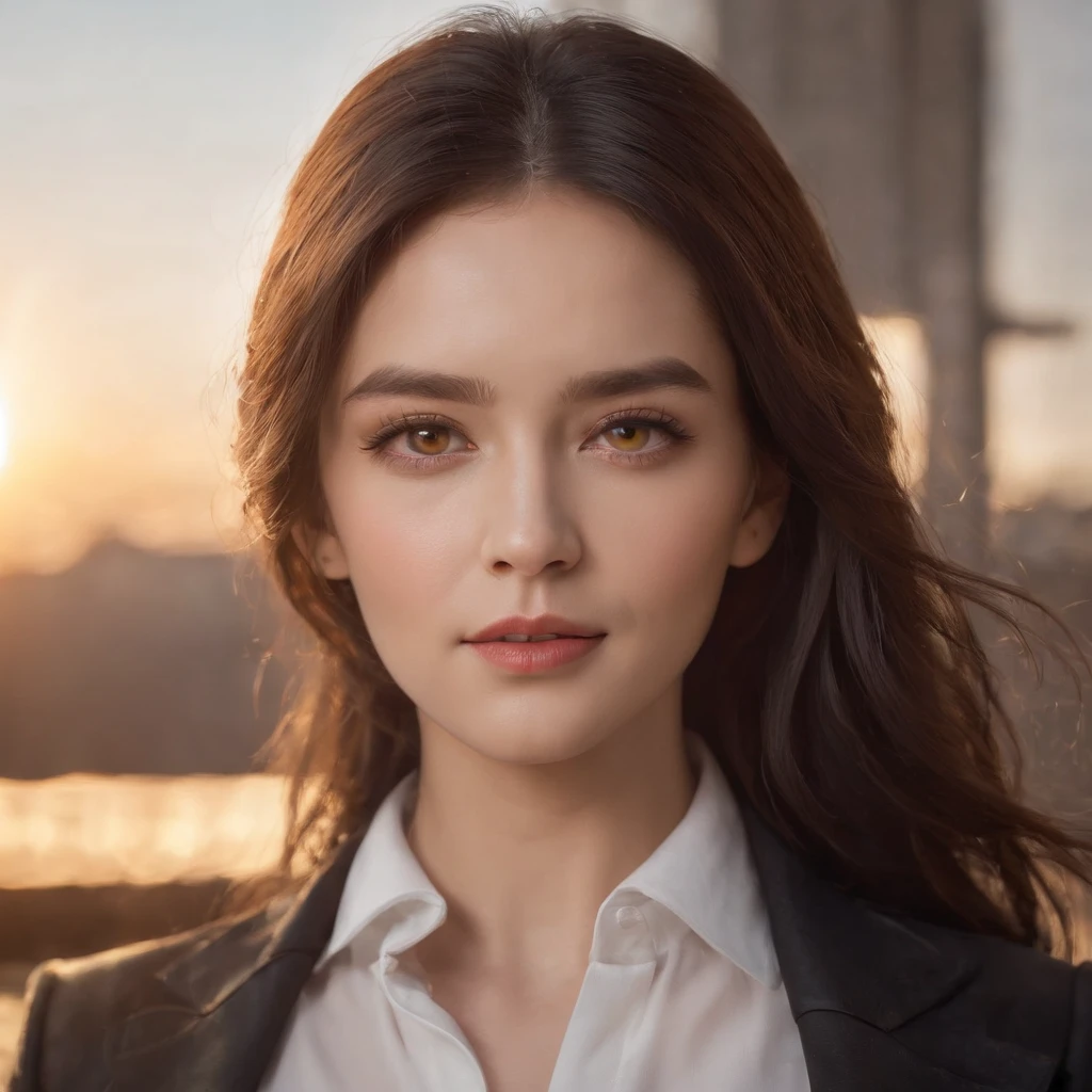 1 girl, complicated details, Masterpiece, best quality, extremely detailed,movie light, Beautiful glowing details, Beautiful face and eyes in exquisite detail, 8k, dark shadow, yellow eyes, medium hair, black hair, smooth, floating hair, black jacket, open jacket, white shirt, expressionless, Yellow tie, black skirt, Spotlight, sunlight, sunrise, gradient sky, city, lens flare, Cowboy Shot, [[curve]], [mature woman]