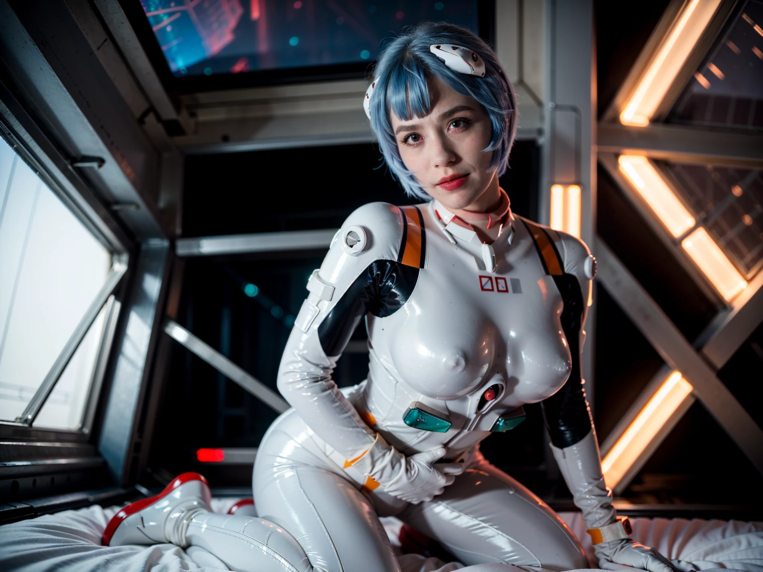 (masterpiece), (best quality), (red eyes), (epiCRealLife), (red lipstick),(cleavage), (j4nu4ryj0n3s) (young woman), (European Model), (Plugsuit), (ayanami_rei plugsuit), interface headset, white bodysuit),(white gloves) (red eyes), (blue hair), (medium breasts),(flash photography), (natural lights), (ample lights),( light smile), (pose for picture), (white gloves), (light smile),  (lying on the space bed), (space station lobby), (kneeling poses), (spaceship cockpit), (galaxy scenery), 