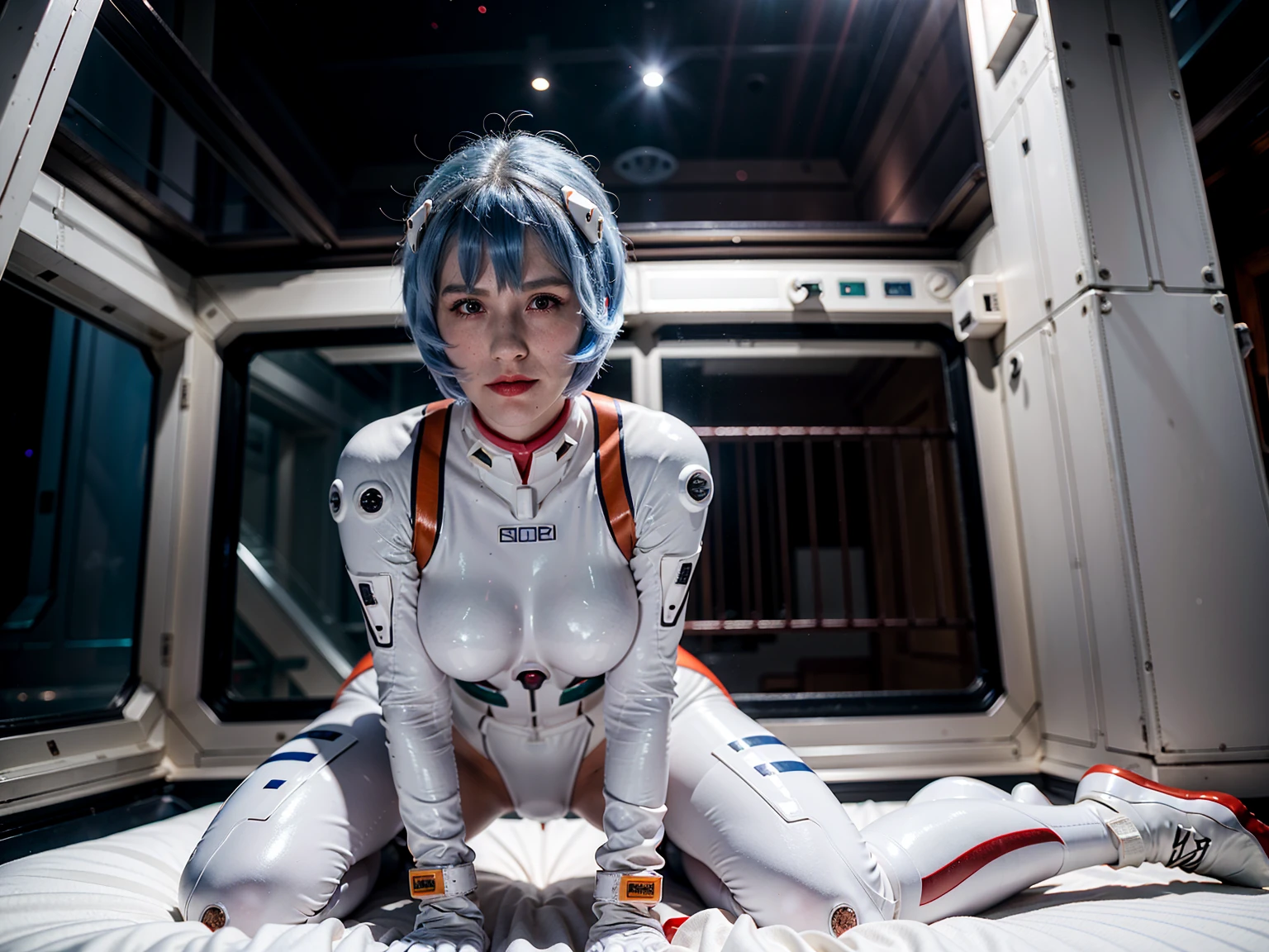 (masterpiece), (best quality), (red eyes), (epiCRealLife), (red lipstick),(cleavage), (j4nu4ryj0n3s) (young woman), (European Model), (Plugsuit), (ayanami_rei plugsuit), interface headset, white bodysuit),(white gloves) (red eyes), (blue hair), (medium breasts),(flash photography), (natural lights), (ample lights),( light smile), (pose for picture), (white gloves), (light smile),  (lying on the space bed), (space station lobby), (kneeling poses), (spaceship cockpit), (galaxy scenery), 