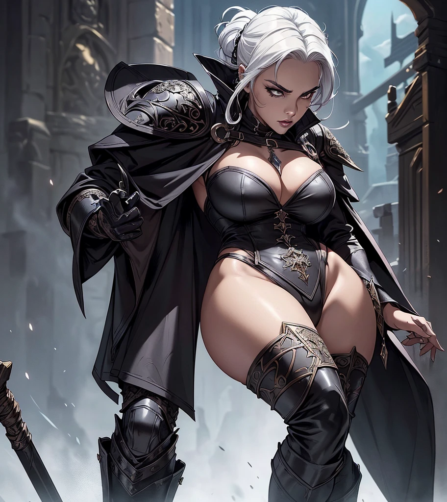 (((Solo character image.))) (((Generate a single character image.))) (((Dressed in medieval fantasy attire.))) (((Dressed in medieval fantasy attire.))) Dressed in medieval fantasy attire. Fabulous white hair. Looks like Jayne Mansfield. Create a captivating and enigmatic female warrior reminiscent of powerful and legendary characters 18 years old. 18yo. This is a fantasy character portrait. (((She looks amazing.))) Design a dangerous and sleek female mercenary for a fantasy setting. This is a ruthless mercenary who is dark and sneaky. She looks like a femme fatale in leather clothes. The clothes are black and she has a darkly attractive appearance. (((The colors in the image are dark and muted.))) Her hair is long and white and in an exotic style. She is powerful, dangerous and a slender and sleek figure in a dark fantasy setting. Alluring appearance. Exotic beauty. She wears form-fitting armor, gorgeous face, Dungeons & Dragons character portrait, intricate details, ultra detailed, very intense appearance, ultra detailed clothes, epic masterpiece, ultra detailed, intricate details, award winning