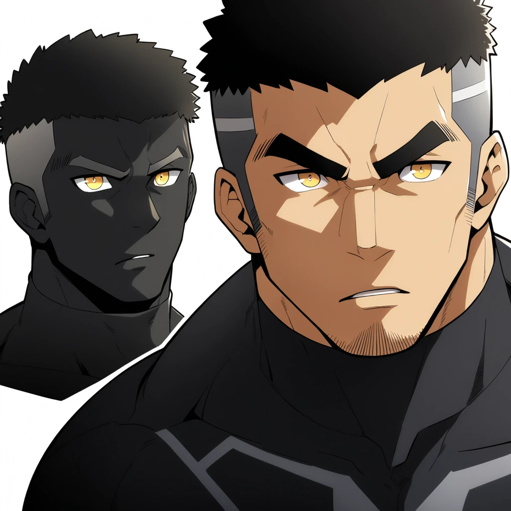 one negro, anime characters:Gyee, Hibino Kafka, One Muscle Sports Student, negro black skin, Very Black, muscular tough guy, Manliness, male focus, Grey long sleeve turtleneck tight t-shirt, Regular symmetrical pattern, Very tight, muscular male, muscular, only, Upper body, alone, Black short hair, Thick eyebrows, stubble, Yellow eyes, White background, simple background, amazing quality, best aesthetics, Ridiculous, bright pupils, crew cut, parted lips, v-shaped eyebrows, jitome, best quality