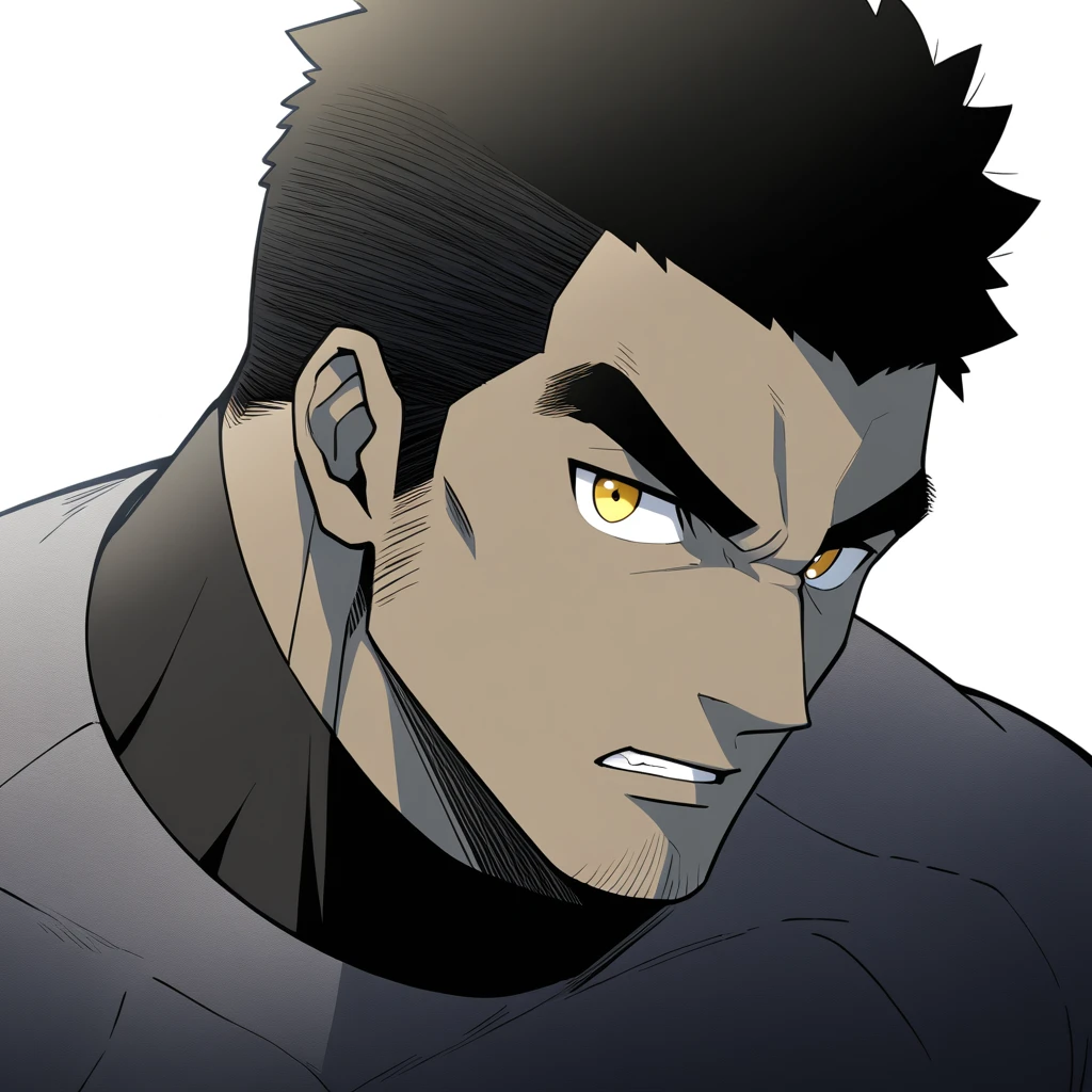 one negro, anime characters：Gyee, Hibino Kafka, One Muscle Sports Student, negro black skin, Very Black, muscular tough guy, Manliness, male focus, Grey long sleeve turtleneck tight t-shirt, Regular symmetrical pattern, Very tight, muscular male, muscular, only, Upper body, alone, Black short hair, Thick eyebrows, stubble, Yellow eyes, White background, simple background, amazing quality, best aesthetics, Ridiculous, bright pupils, crew cut, parted lips, v-shaped eyebrows, jitome, best quality