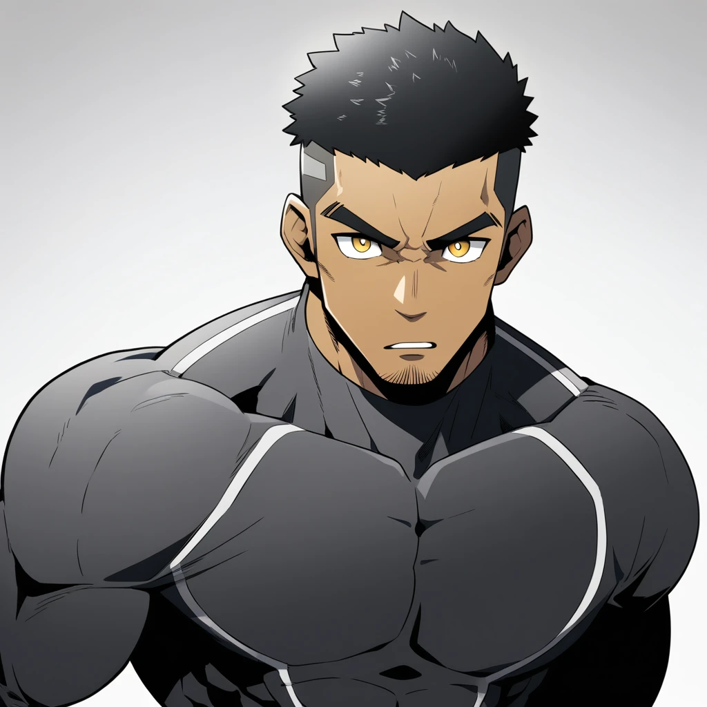 one negro, anime characters:Gyee, Hibino Kafka, One Muscle Sports Student, negro black skin, Very Black, muscular tough guy, Manliness, male focus, Grey long sleeve turtleneck tight t-shirt, Regular symmetrical pattern, Very tight, muscular male, muscular, only, Upper body, alone, Black short hair, Thick eyebrows, stubble, Yellow eyes, White background, simple background, amazing quality, best aesthetics, Ridiculous, bright pupils, crew cut, parted lips, v-shaped eyebrows, jitome, best quality