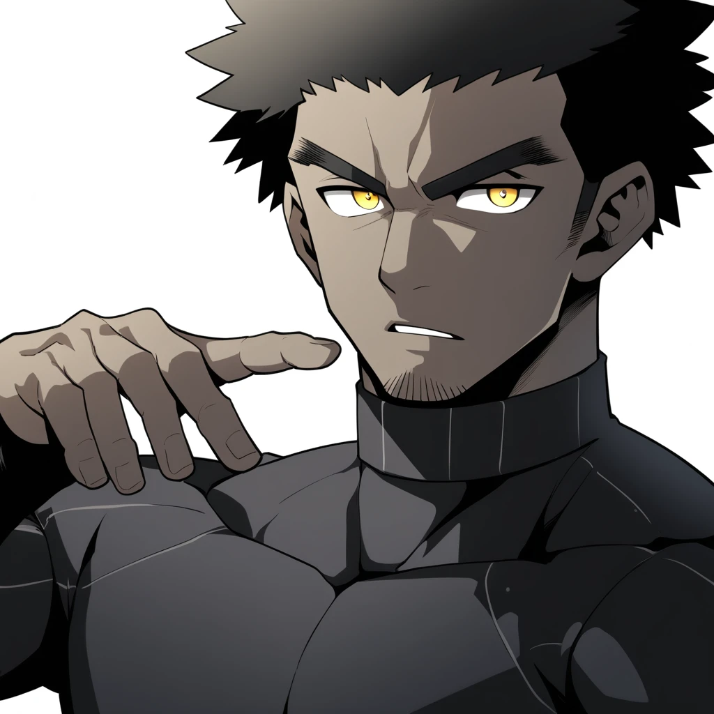 one negro, anime characters：Gyee, Hibino Kafka, One Muscle Sports Student, negro black skin, Very Black, muscular tough guy, Manliness, male focus, Grey long sleeve turtleneck tight t-shirt, Regular symmetrical pattern, Very tight, muscular male, muscular, only, Upper body, alone, Black short hair, Thick eyebrows, stubble, Yellow eyes, White background, simple background, amazing quality, best aesthetics, Ridiculous, bright pupils, crew cut, parted lips, v-shaped eyebrows, jitome, best quality