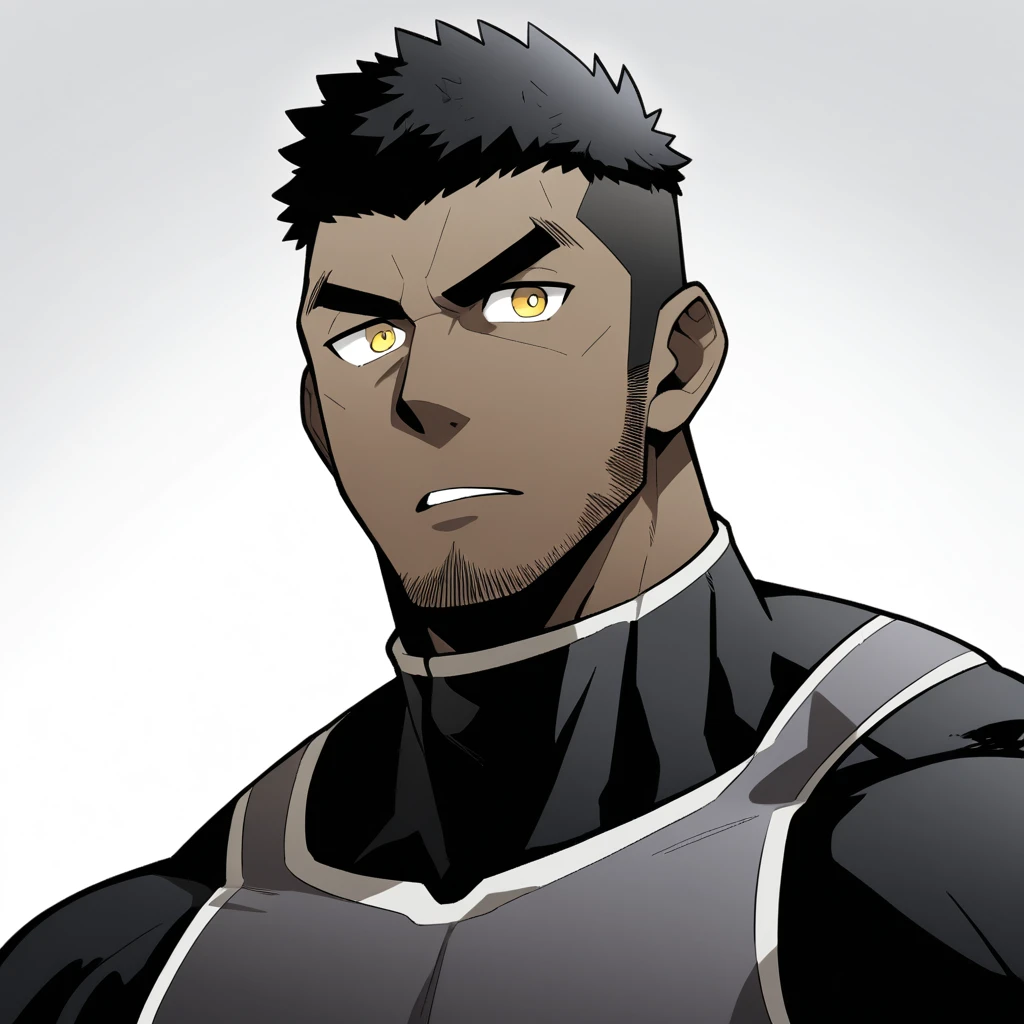 one negro, anime characters:Gyee, Hibino Kafka, One Muscle Sports Student, negro black skin, Very Black, muscular tough guy, Manliness, male focus, Grey long sleeve turtleneck tight t-shirt, Regular symmetrical pattern, Very tight, muscular male, muscular, only, Upper body, alone, Black short hair, Thick eyebrows, stubble, Yellow eyes, White background, simple background, amazing quality, best aesthetics, Ridiculous, bright pupils, crew cut, parted lips, v-shaped eyebrows, jitome, best quality