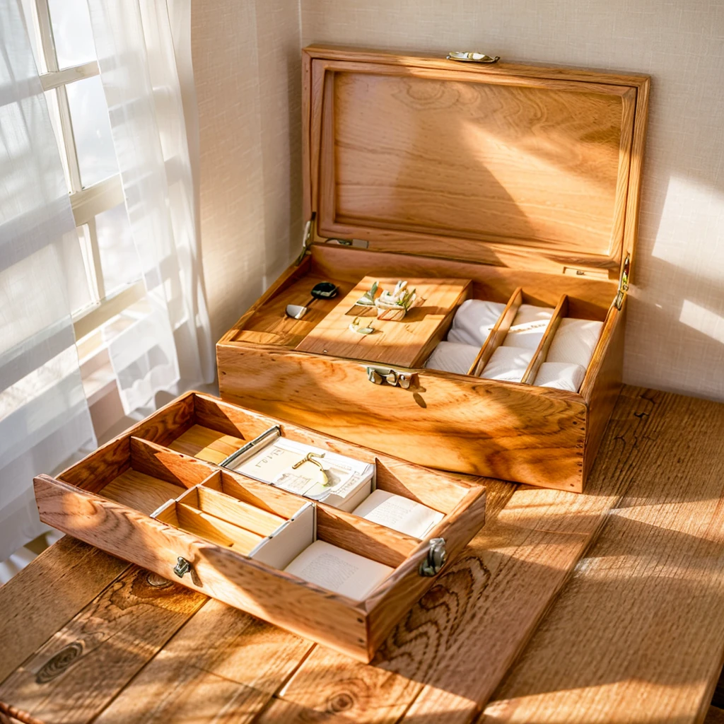 In this cozy room，A ray of sunlight shone through the half-drawn curtains on the table，Let the wood grain on the watch storage box shine with a faint luster。There was a calm and peaceful atmosphere in the air around them。There are several still lifes hanging on the walls of the room，It adds a touch of elegance to the space。And on the other side of the room，The half-open window lets in the breeze，The pages on the small desk by the window turned in the wind，This quiet scene gives a sense of tranquility and comfort。


