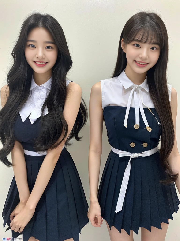 (A super cute Korean high school girl duo with nameplates hanging from their necks take a photo 1.2)(grin,Smile)(Beautiful Sweat:1.1)(16k, RAW Photos, Highest quality, masterpiece: 1.2),(Shiny black hair) Super detailed, Super Resolution, (Genuine, Genuine photos: 1.37), Portraiture, High-resolution RAW color photos, Professional photos, Very detailed, 8k wallpaper, Very detailed CG Unity 8k wallpaper, Very detailed beautiful girls, Very detailed faces, ((whole body)), beautiful woman, Huge breasts,(huge boobs:1.1) (Big Boobs:1.1), Beauty college student (A tight, girly, navy sleeveless with ribbon.),high school girl, Korean Girls,(K-POP Female Idols), (Idol-class beauty)(Beautiful high school girl:1.1)(Volunteer Center)(18-year-old)(Stylish school uniform-style outfit:1.1)(Group photo:1.2)