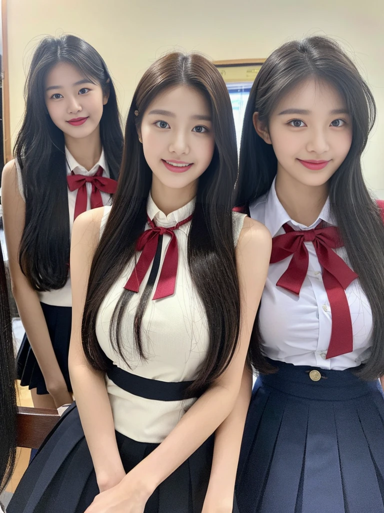 (A super cute Korean high school girl duo with nameplates hanging from their necks take a photo 1.2)(grin,Smile)(Beautiful Sweat:1.1)(16k, RAW Photos, Highest quality, masterpiece: 1.2),(Shiny black hair) Super detailed, Super Resolution, (Genuine, Genuine photos: 1.37), Portraiture, High-resolution RAW color photos, Professional photos, Very detailed, 8k wallpaper, Very detailed CG Unity 8k wallpaper, Very detailed beautiful girls, Very detailed faces, ((whole body)), beautiful woman, Huge breasts,(huge boobs:1.1) (Big Boobs:1.1), Beauty college student (A tight, girly, navy sleeveless  with ribbon.),high school girl, Korean Girls,(K-POP Female Idols), (Idol-class beauty)(Beautiful high school girl:1.1)(Volunteer Center)(18-year-old)(Stylish school uniform-style outfit:1.1)(Group photo:1.2)