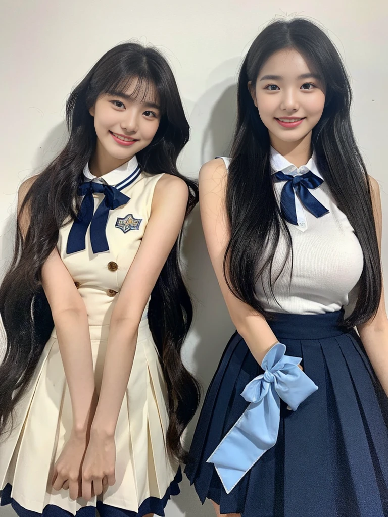 (A super cute Korean high school girl duo with nameplates hanging from their necks take a photo 1.2)(grin,Smile)(Beautiful Sweat:1.1)(16k, RAW Photos, Highest quality, masterpiece: 1.2),(Shiny black hair) Super detailed, Super Resolution, (Genuine, Genuine photos: 1.37), Portraiture, High-resolution RAW color photos, Professional photos, Very detailed, 8k wallpaper, Very detailed CG Unity 8k wallpaper, Very detailed beautiful girls, Very detailed faces, ((whole body)), beautiful woman, Huge breasts,(huge boobs:1.1) (Big Boobs:1.1), Beauty college student (A tight, girly, navy sleeveless with ribbon.),high school girl, Korean Girls,(K-POP Female Idols), (Idol-class beauty)(Beautiful high school girl:1.1)(Volunteer Center)(18-year-old)(Stylish school uniform-style outfit:1.1)(Group photo:1.2)