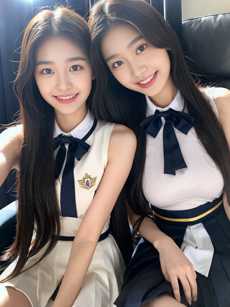 (A super cute Korean high school girl duo with nameplates hanging from their necks take a photo 1.2)(grin,Smile)(Beautiful Sweat:1.1)(16k, RAW Photos, Highest quality, masterpiece: 1.2),(Shiny black hair) Super detailed, Super Resolution, (Genuine, Genuine photos: 1.37), Portraiture, High-resolution RAW color photos, Professional photos, Very detailed, 8k wallpaper, Very detailed CG Unity 8k wallpaper, Very detailed beautiful girls, Very detailed faces, ((whole body)), beautiful woman, Huge breasts,(huge boobs:1.1) (Big Boobs:1.1), Beauty college student (A tight, girly, navy sleeveless  with ribbon.),high school girl, Korean Girls,(K-POP Female Idols), (Idol-class beauty)(Beautiful high school girl:1.1)(Volunteer Center)(18-year-old)(Stylish school uniform-style outfit:1.1)(Group photo:1.2)