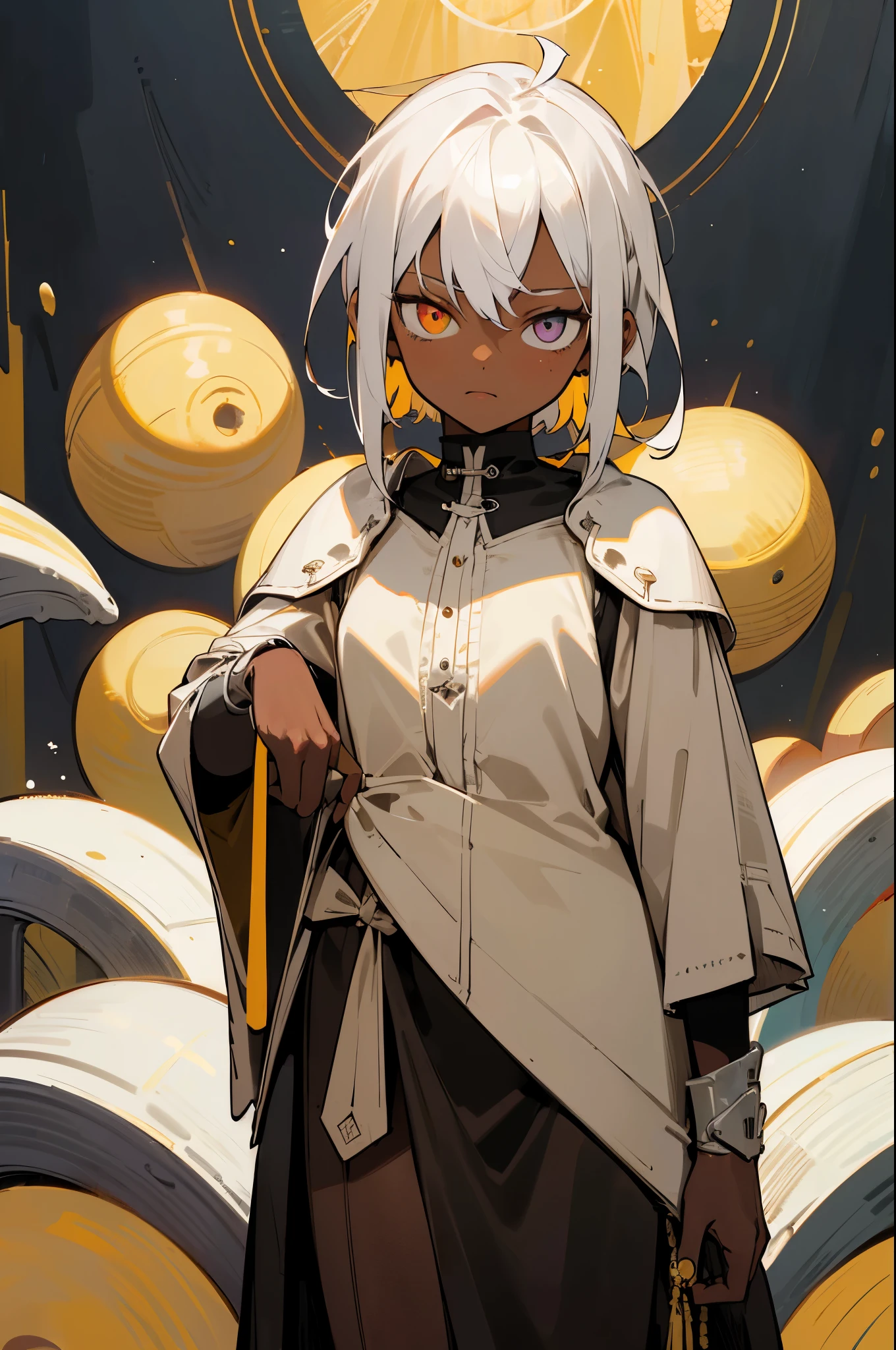 best quality, official art, masterpiece, (1 girl kid, dark skin, white hair), Heterochromia in the eyes, best quality, ultra-detailed red and yellow eyes, very detailed eyes, yellow left eye and red right eye, body of kid, (ideal body proportion), medieval clothing, looking at viewer.
