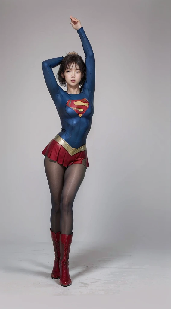 No background、extinct、She always has a troubled look on her face、Always close your eyes、Keep your arms up at all timesおく、Keep your arms up at all times、(((Beautiful legs in black tights.)))、(((Stretch your legs、expensive、あなたのsufferingを合法的に表現する)))、((((Make the most of your original images)))、(((Supergirl Costume)))、(((Beautiful short bob hair)))、(((suffering)))、(((Black tights legs、Wear red boots)))、((Best image quality、8k))、((Highest quality、8k、masterpiece:1.3))、(((Preserve background )))、Sharp focus:1.2、Beautiful woman with perfect figure:1.4、Slim Abs:1.2、Wet body:1.5、Highly detailed face and skin texture、8k