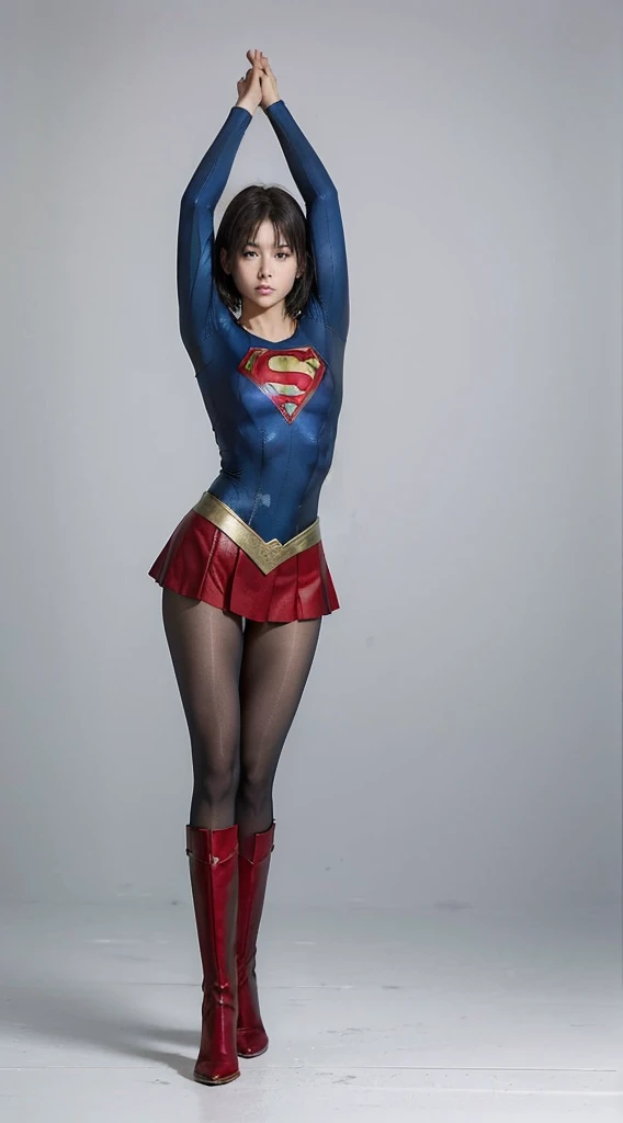 No background、extinct、She always has a troubled look on her face、Always close your eyes、Keep your arms up at all timesおく、Keep your arms up at all times、(((Beautiful legs in black tights.)))、(((Stretch your legs、expensive、あなたのsufferingを合法的に表現する)))、((((Make the most of your original images)))、(((Supergirl Costume)))、(((Beautiful short bob hair)))、(((suffering)))、(((Black tights legs、Wear red boots)))、((Best image quality、8k))、((Highest quality、8k、masterpiece:1.3))、(((Preserve background )))、Sharp focus:1.2、Beautiful woman with perfect figure:1.4、Slim Abs:1.2、Wet body:1.5、Highly detailed face and skin texture、8k