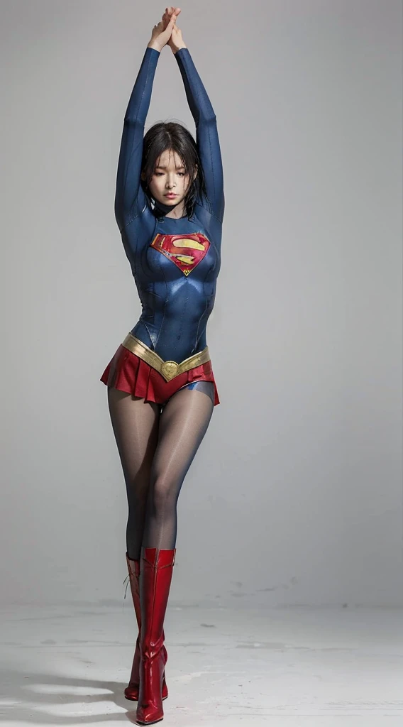 No background、extinct、She always has a troubled look on her face、Always close your eyes、Keep your arms up at all timesおく、Keep your arms up at all times、(((Beautiful legs in black tights.)))、(((Stretch your legs、expensive、あなたのsufferingを合法的に表現する)))、((((Make the most of your original images)))、(((Supergirl Costume)))、(((Beautiful short bob hair)))、(((suffering)))、(((Black tights legs、Wear red boots)))、((Best image quality、8k))、((Highest quality、8k、masterpiece:1.3))、(((Preserve background )))、Sharp focus:1.2、Beautiful woman with perfect figure:1.4、Slim Abs:1.2、Wet body:1.5、Highly detailed face and skin texture、8k