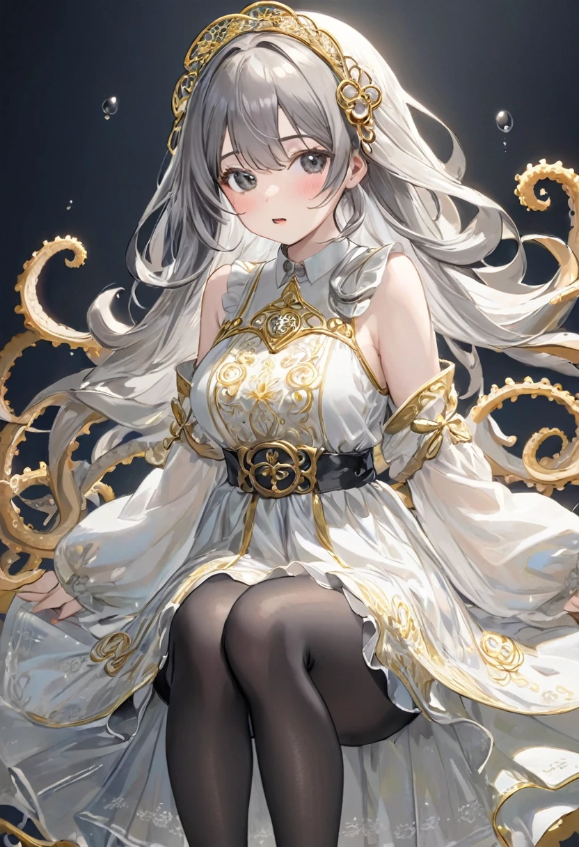 girl, Gold and silver embroidery, White-gray pearl medieval long dress(With panniers), Translucent fabric, Pull up the dress by hand, Strong winds, Translucent slip, Grey translucent tights, Peeking from below, Highest quality, Disorder of clothing, sit,Crotch close-up, whole body, Spread your legs,,blush, Sweat,White pantie、Look at this、skirt、、Attacked by tentacles、Tentacles wrap around my legs、Tentacles in the crotch、Captured by tentacles、cry、shout、Ecstasy face、の触手、Do not run away、Lying down、Torn clothes、skirtの下からスパッツが見えます、Spread your legs、Disheveled clothing、skirtをめくった、