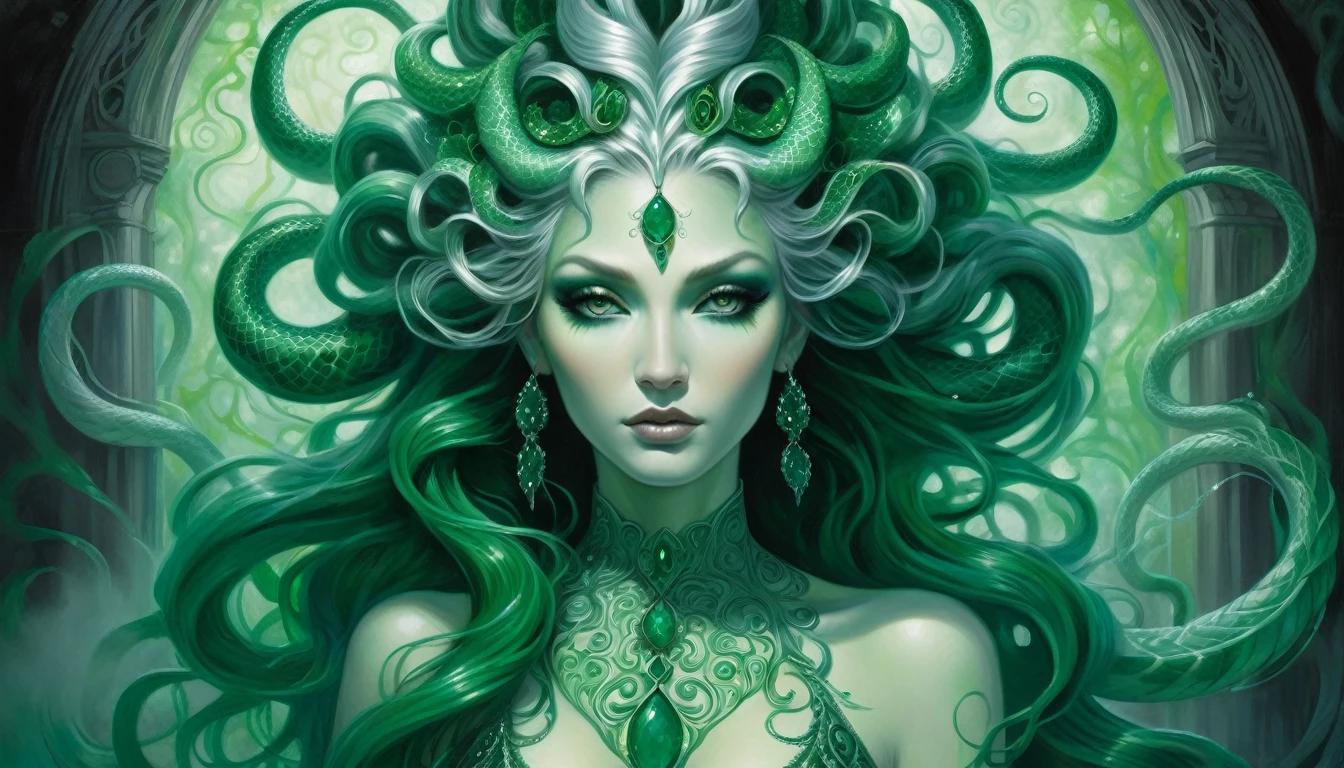 An enigmatically beautiful Gorgon with serpentine hair, each scale a mesmerizing blend of emerald and silver. This gothic fantasy creature is depicted in a highly detailed acrylic painting. Ethereal mist swirls around her, enhancing her otherworldly allure. The shadows cast on her pale, marble-like skin add a sense of mystery and depth to the image. The quality of the painting is so exquisite that it almost seems to come alive, drawing viewers into its hauntingly captivating world.