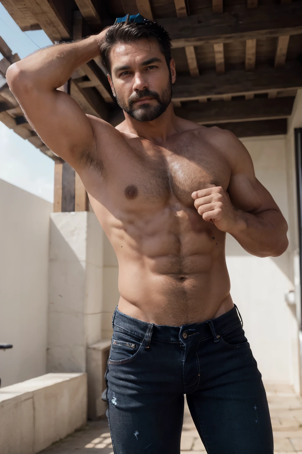 handsome mature man in his 50s,white man with a tanned complexion,(well-defined pecs and arm muscles),full body, facial hair styled into a neatly groomed beard,(intelligent and alluring eyes),a captivating, symmetric face with strong and defined facial features,a confident smirk on his lips,giving off an air of wisdom and rugged charm,beefy build that emanates strength and vitality. ((Full body)), (((shirtless))) (((black jeans))) (((manly)))