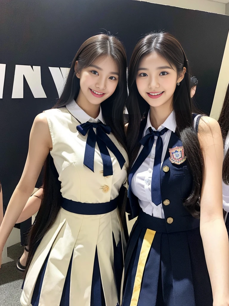 (A super cute Korean high school girl duo with nameplates hanging from their necks take a photo 1.2)(grin,Smile)(Beautiful Sweat:1.1)(16k, RAW Photos, Highest quality, masterpiece: 1.2),(Shiny black hair) Super detailed, Super Resolution, (Genuine, Genuine photos: 1.37), Portraiture, High-resolution RAW color photos, Professional photos, Very detailed, 8k wallpaper, Very detailed CG Unity 8k wallpaper, Very detailed beautiful girls, Very detailed faces, ((whole body)), beautiful woman, Huge breasts,(huge boobs:1.1) (Big Boobs:1.1), Beauty college student (A tight, girly, navy sleeveless  with ribbon.),high school girl, Korean Girls,(K-POP Female Idols), (Idol-class beauty)(Beautiful high school girl:1.1)(Volunteer Center)(18-year-old)(Stylish school uniform-style outfit:1.1)(Group photo:1.2)