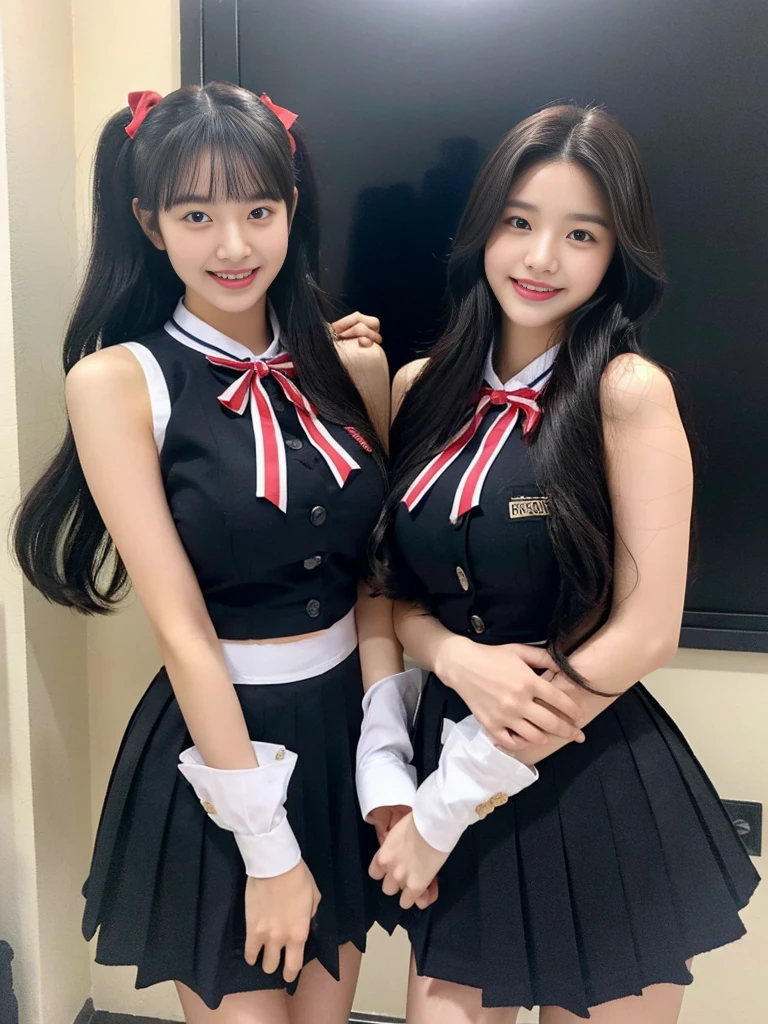 (A super cute Korean high school girl duo with nameplates hanging from their necks take a photo 1.2)(grin,Smile)(Beautiful Sweat:1.1)(16k, RAW Photos, Highest quality, masterpiece: 1.2),(Shiny black hair) Super detailed, Super Resolution, (Genuine, Genuine photos: 1.37), Portraiture, High-resolution RAW color photos, Professional photos, Very detailed, 8k wallpaper, Very detailed CG Unity 8k wallpaper, Very detailed beautiful girls, Very detailed faces, ((whole body)), beautiful woman, Huge breasts,(huge boobs:1.1) (Big Boobs:1.1), Beauty college student (A tight, girly, navy sleeveless  with ribbon.),high school girl, Korean Girls,(K-POP Female Idols), (Idol-class beauty)(Beautiful high school girl:1.1)(Volunteer Center)(18-year-old)(Stylish school uniform-style outfit:1.1)(Group photo:1.2)