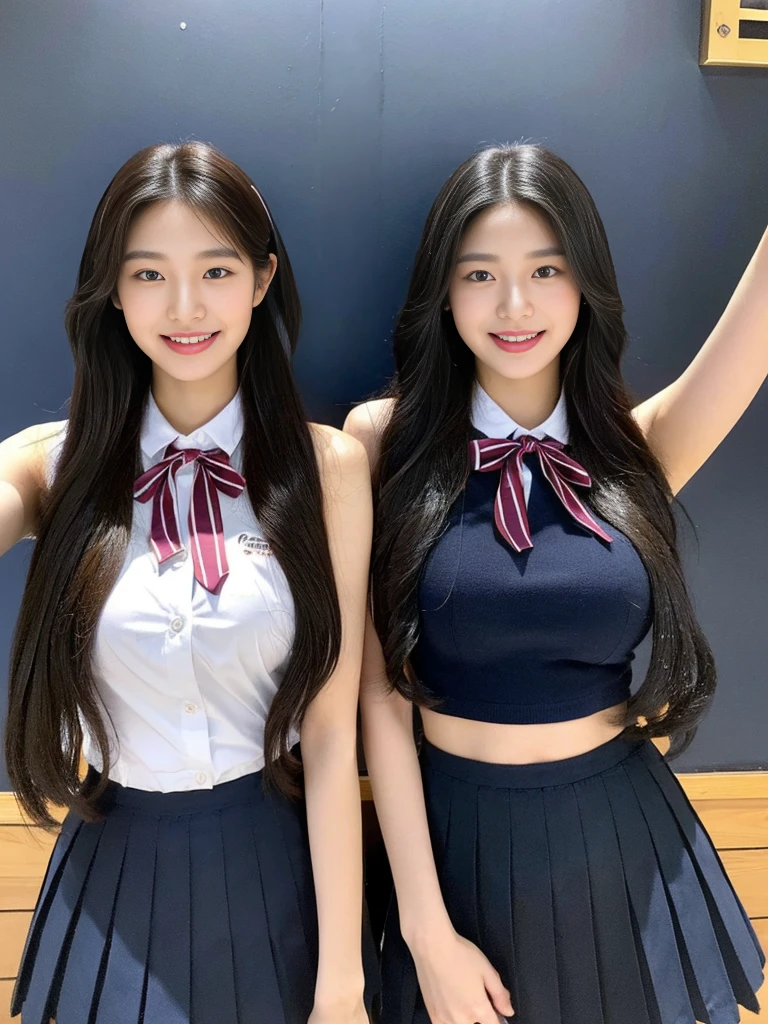 (A super cute Korean high school girl duo with nameplates hanging from their necks take a photo 1.2)(grin,Smile)(Beautiful Sweat:1.1)(16k, RAW Photos, Highest quality, masterpiece: 1.2),(Shiny black hair) Super detailed, Super Resolution, (Genuine, Genuine photos: 1.37), Portraiture, High-resolution RAW color photos, Professional photos, Very detailed, 8k wallpaper, Very detailed CG Unity 8k wallpaper, Very detailed beautiful girls, Very detailed faces, ((whole body)), beautiful woman, Huge breasts,(huge boobs:1.1) (Big Boobs:1.1), Beauty college student (A tight, girly, navy sleeveless  with ribbon.),high school girl, Korean Girls,(K-POP Female Idols), (Idol-class beauty)(Beautiful high school girl:1.1)(Volunteer Center)(18-year-old)(Stylish school uniform-style outfit:1.1)(Group photo:1.2)