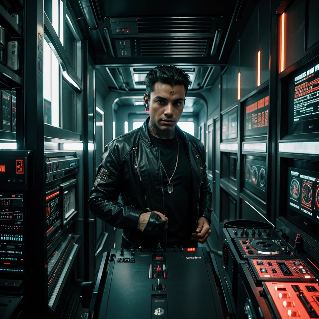DJ homem, entering a time machine, cidade estilo cyberpunk 