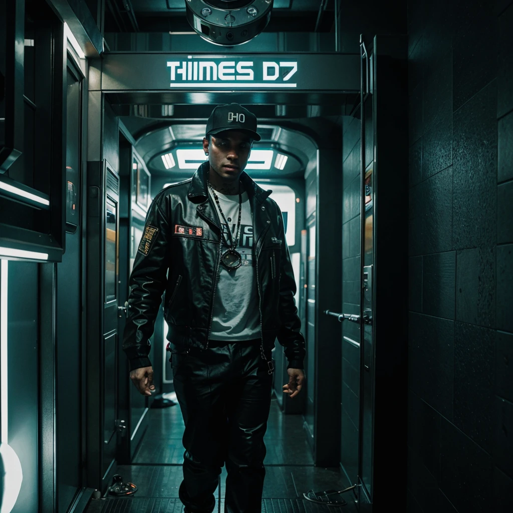 DJ homem, entering a time machine, cidade estilo cyberpunk 