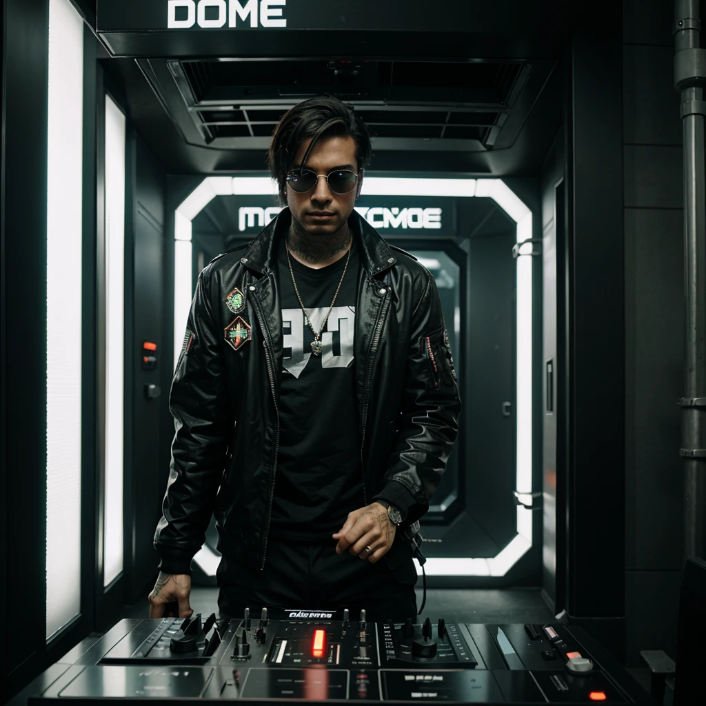 DJ homem, entering a time machine, cidade estilo cyberpunk 