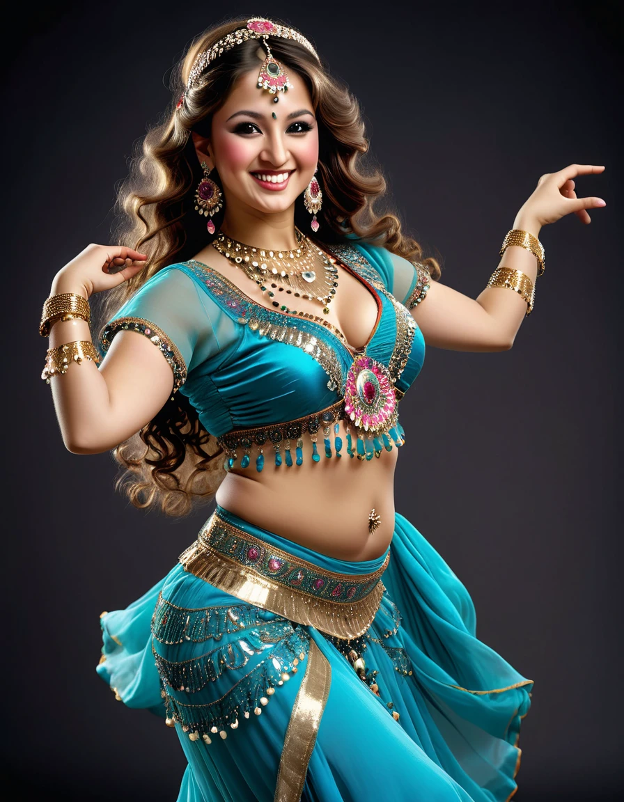 photorealistic portrait of Dressed animals - a ((fat))angora goat belly dancer,(belly dancing:2.0), (swinging arms :2.0),(happy smile:1.2),high quality,(happy),(lovely) ,intricate details, (), highly detailed (( gypsy belly dancing clothes)) ,highly detailed decorations of clothes, Wearing gypsy belly dancing clothes, , (happy), studio lighting,(full body image:1.5),simple background,(viewed from side:2.0),