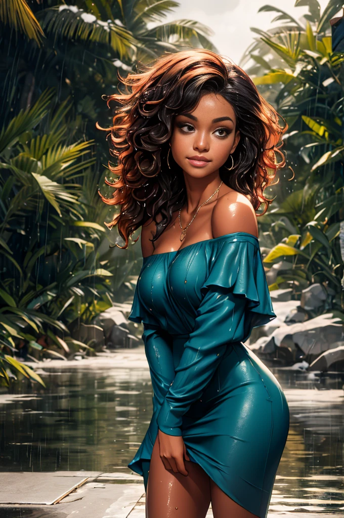 masterpiece,ultra realistic,32k,extremely detailed CG unity 8k wallpaper, best quality, (loose fitting Dark red Off-the-shoulder dress ), hands pulling low ,((winter day )), Beachy waves with a side part ,eardrop,lady ,necklace,sexy,breast, cleavage, spilling out, (breasts out), visible underwear, ((wet clothes)), wet skin, wet hair, rainy day, soaked, drenched