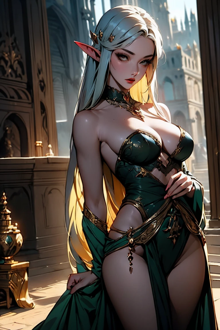{ - anatomy error}(Masterpiece - Ultra-detailed, very high resolution) Prepare to be enchanted by a true masterpiece that combines ultra-detailed art with high-resolution rendering. This work depicts a mesmerizing adult elf with long white hair (1.3) and captivating yellow eyes (1.2), emanating an aura of elegance and mystery in medieval settings. The intricate details and realistic textures invite you to explore every aspect of this enchanting composition. Woman wearing medieval elf costumes covering everything. Red lips. No cleavage. small breasts. NO CLEavage. Walking, writing, lying down, standing, on your back, dynamic poses. Get ready to dive into a world where beauty and craftsmanship merge perfectly