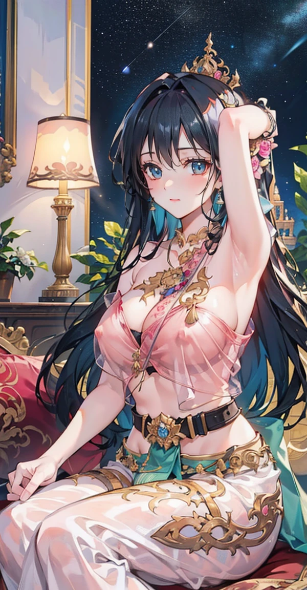 Group of 5 princesses,(5 young women,many young women), (in the bedroom), Various hair styles, harem, Wearing a strapless traditional Thai dress., nighttime, detailed face, big breasts,Breast curtain, short skirt, mule, Sleeveless , Show your armpits, nighttime, starry nighttime,(((large areolae:1.4,pink,The nipples are clearly visible...))), Highest quality、Highest picture quality、Masterpiece,(white skirt)