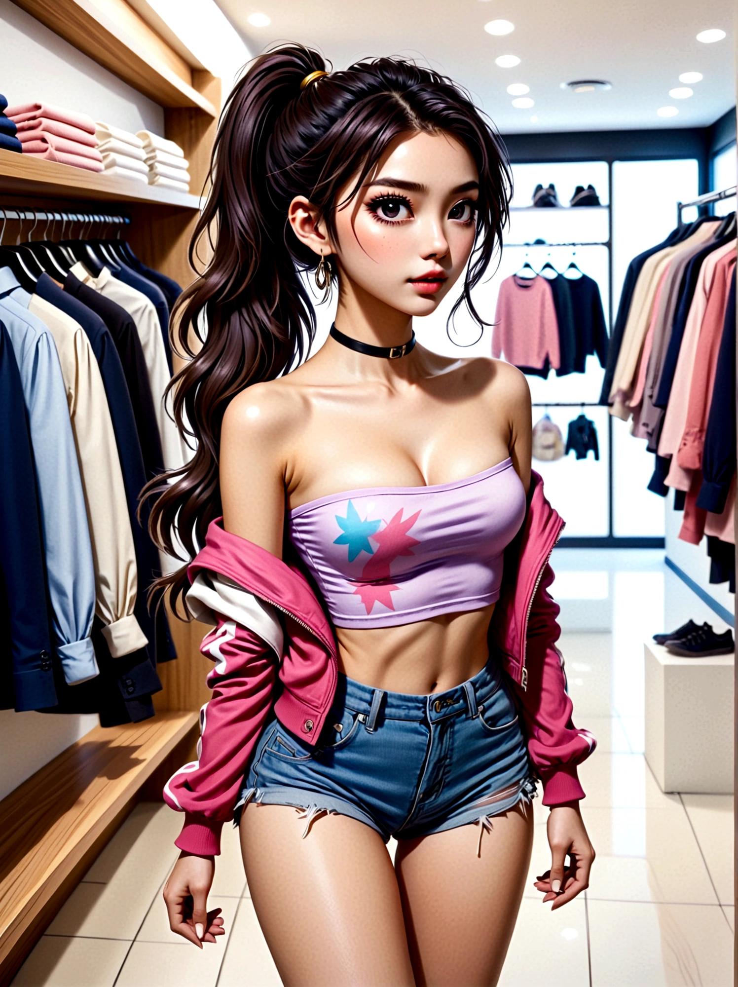 (masterpiece, best quality), Pixel Art, Perfect slim figure, Huge breasts, curls, bracelet, necklace, Strapless bandeau, mini skirt, Pantyhose, shopping center