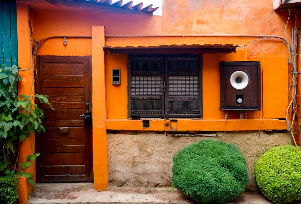 gato naranja en habitacion gris estilo lo-fi con instrumentos musicales, gato en la ventana, notas musicales flotando
