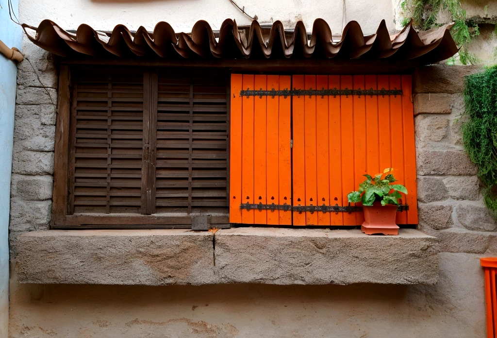 gato naranja en habitacion gris estilo lo-fi con instrumentos musicales, gato en la ventana, notas musicales flotando