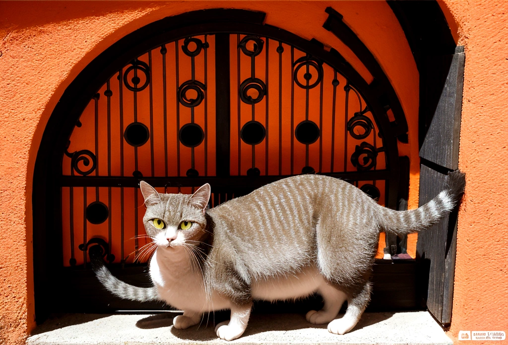 gato naranja en habitacion gris estilo lo-fi con instrumentos musicales, gato en la ventana, notas musicales flotando