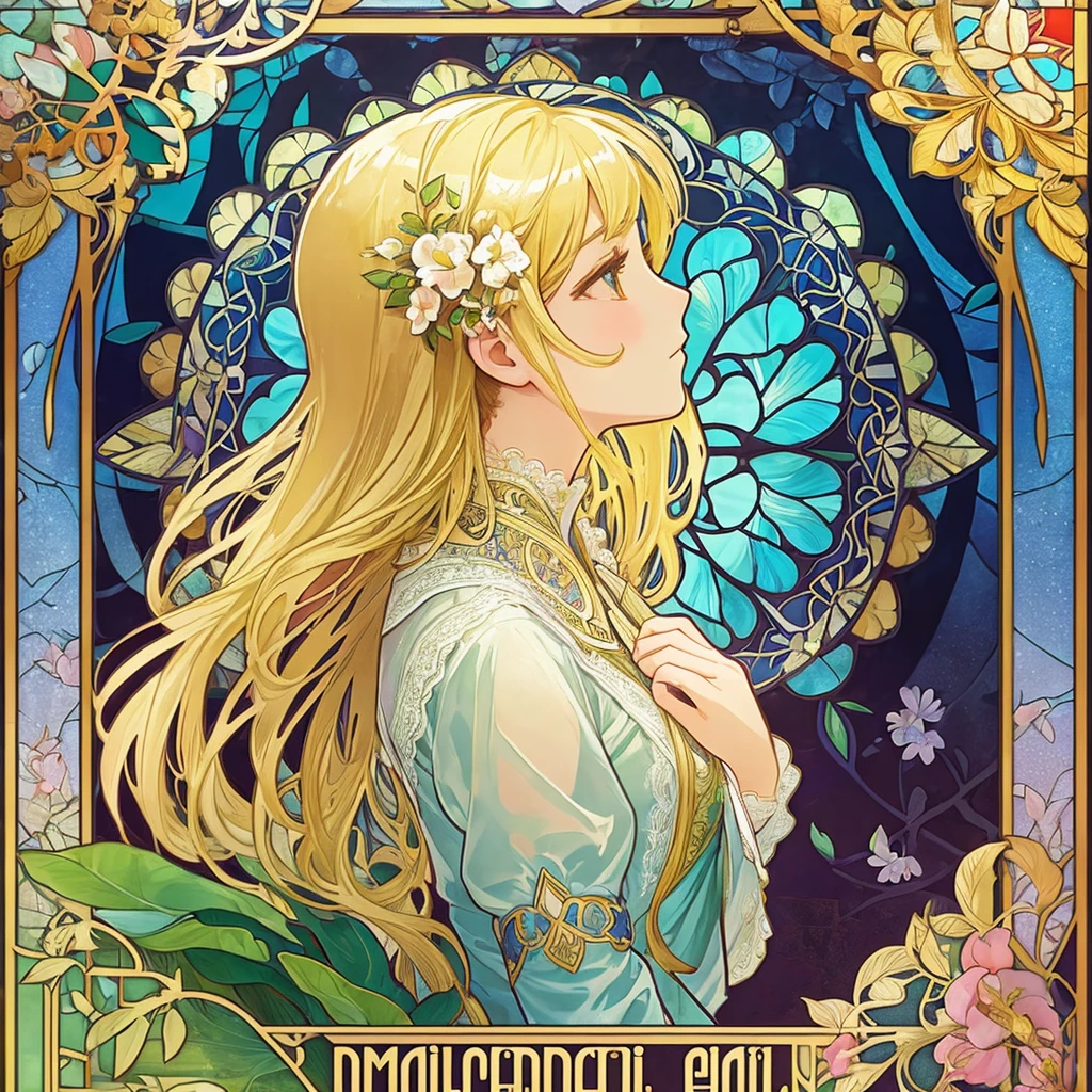 (((1 girl ))), masterpiece, highest quality, beautifully、aesthetic: 1.2, gem, Quality lace, Detailed frame, Flowers, leaf, A beautiful girl fits into the frame, Alphonse Mucha Style, Transparent and beautiful stained glass background, blonde hair, profile