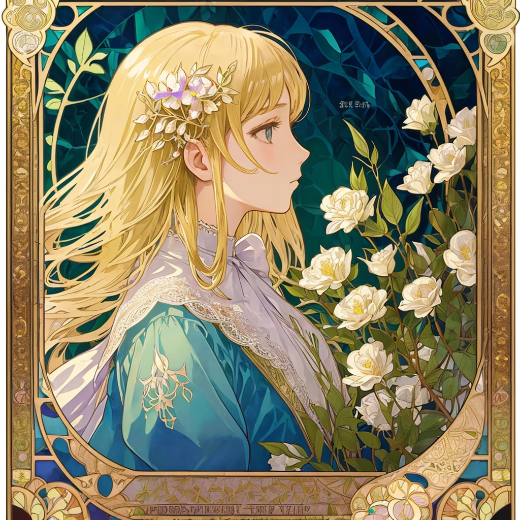 (((1 girl ))), masterpiece, highest quality, beautifully、aesthetic: 1.2, gem, Quality lace, Detailed frame, Flowers, leaf, A beautiful girl fits into the frame, Alphonse Mucha Style, Transparent and beautiful stained glass background,  blonde hair, profile