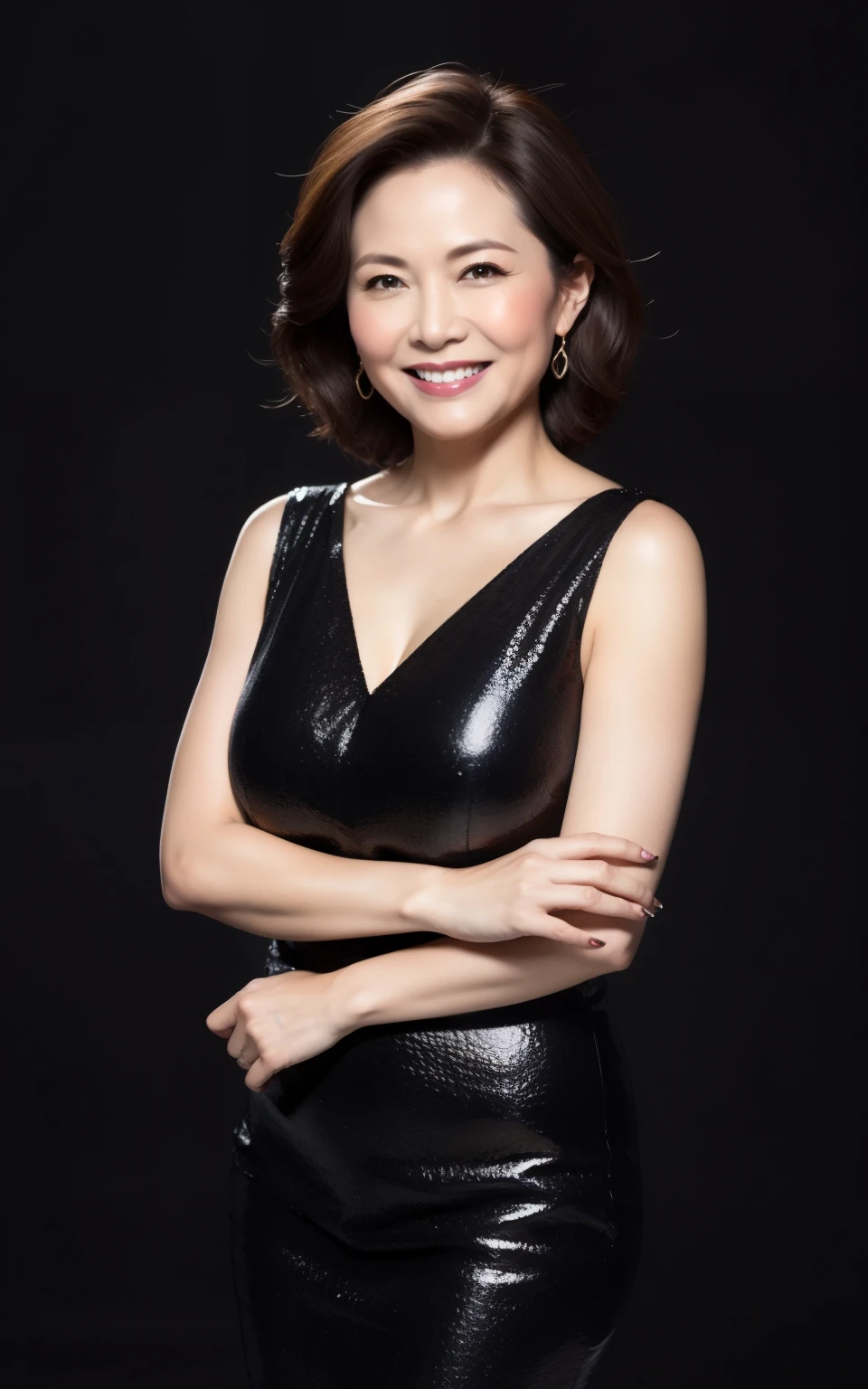 masterpiece,best quality, (attractive milf:1), ((portrait:1.2)), makeup:1.5, cross arms, smile:0.1, (a bit joy:0.5), black background,