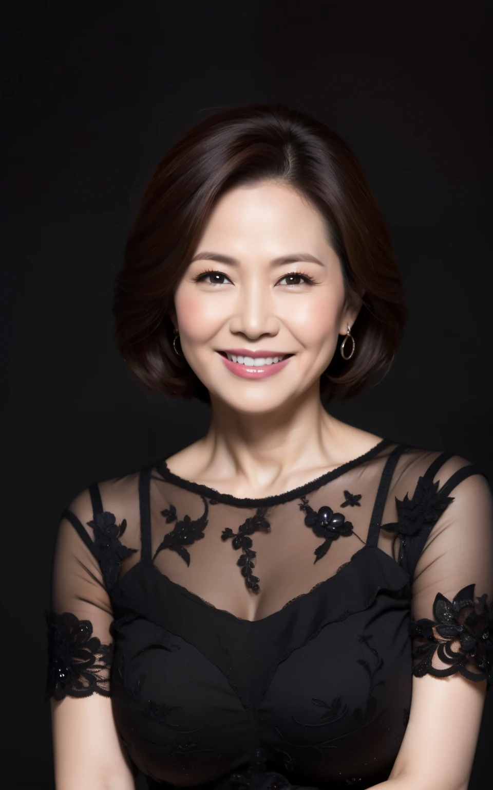 masterpiece,best quality, (attractive milf:1), ((portrait:1.2)), makeup:1.5, cross arms, smile:0.1, (a bit joy:0.5), black background,