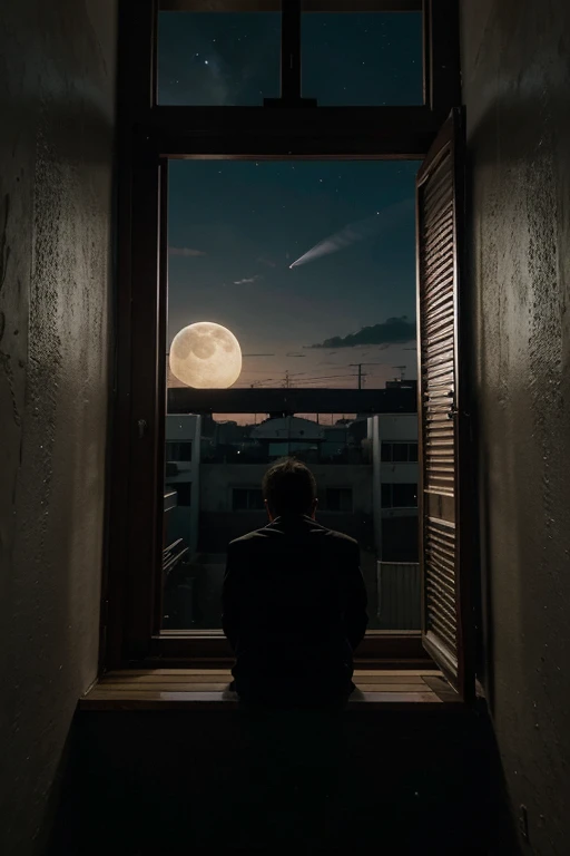 realiza una imagen al estilo anime de un hombre arrepentido viendo al suelo, on a dark background where a small window facing the moon is displayed, el hombre esta triste, arrepentido, asustado, el hombre se ve de cerca, con una prespectiva vista desde el abajo, todo es oscuro