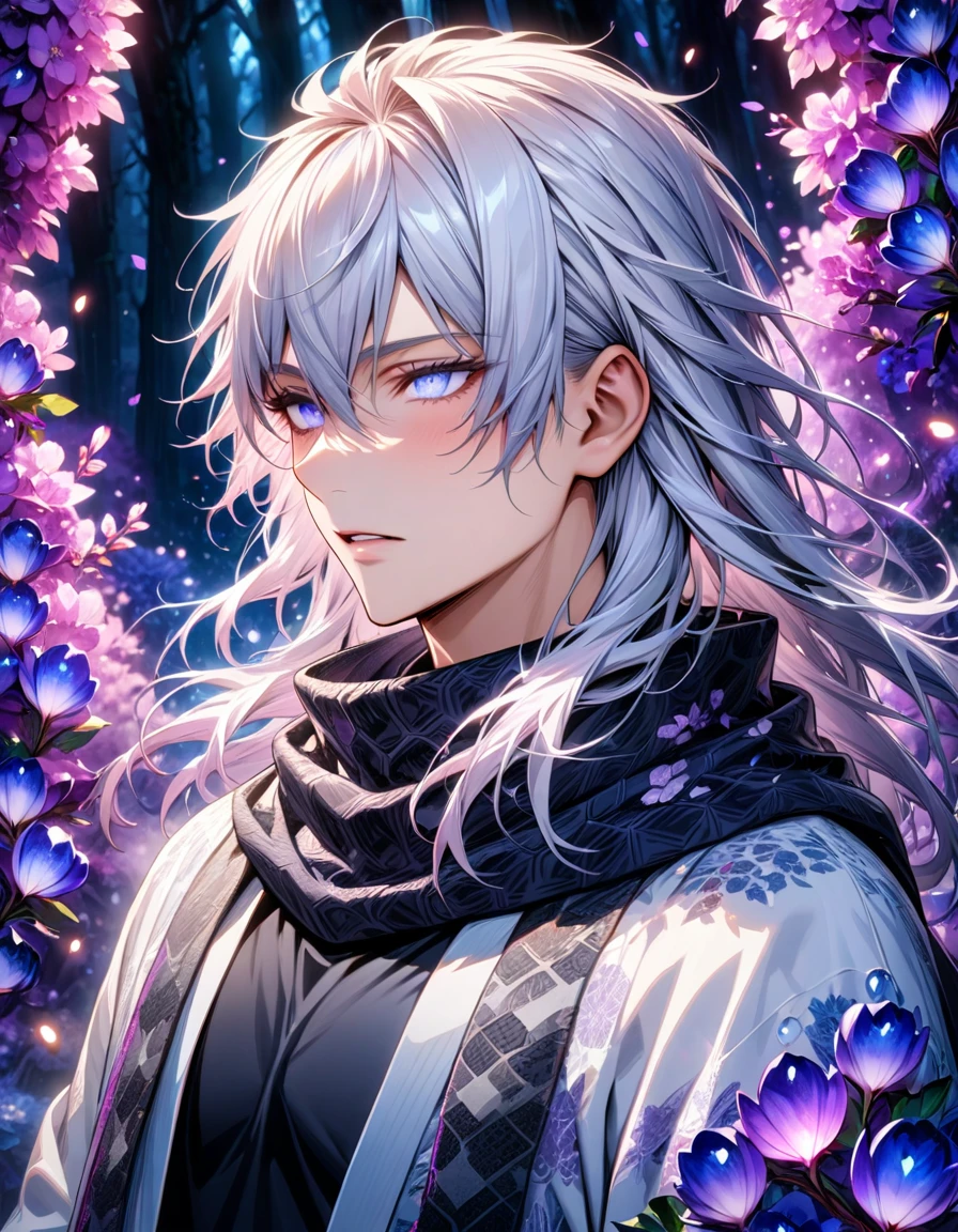 Ultra detailed, highres, absurdres, HDR, master piece, Gojou Satoru, white hair with bangs, long hair, hair between the eyes, blindfolded eyes, black scarf with patterns, white haori, Jujutsu Kaisen, fantasy, purple and violet petals, violet forest, purple flowers, handsome, sexy man, solo, magical, shining fireflies, best quality, extremely detailed face, black tight shirt,