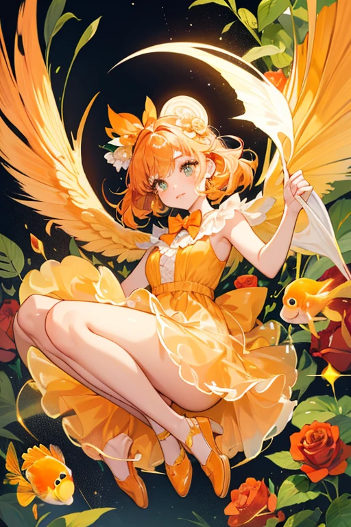 Angel is a cantaloupe orange GIRL goldfish with large eyes each with two eyelashes, a round honey yellow mouth and light yellow fins for arms and for legs. She also wears a rose red bow on the left side of her head.  SPARKLE; GLITTER