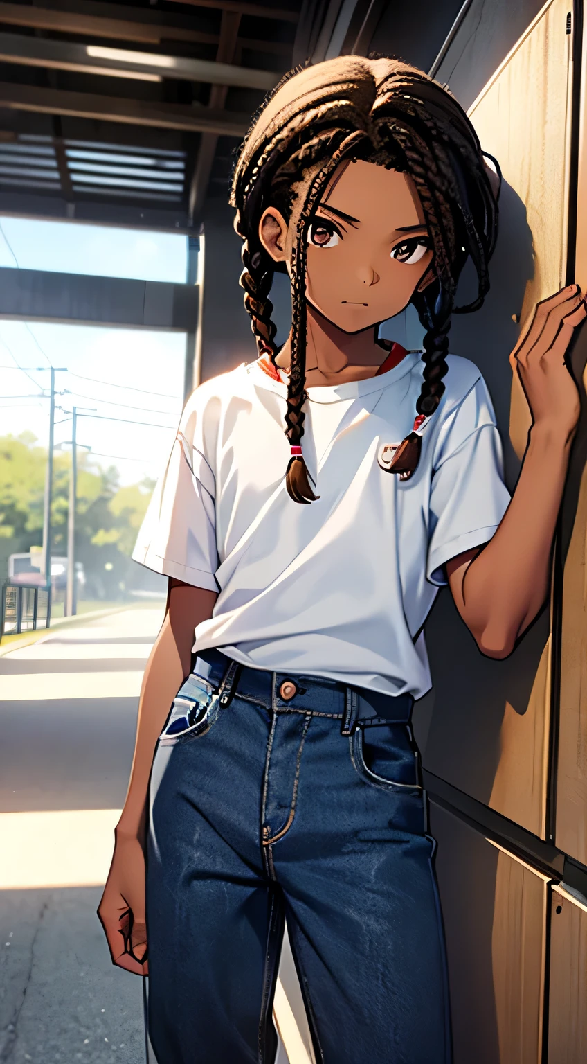 Middle school boy, in a white tee shirt, and blue jean pants, and red sneakers. Brown skin, black hair in cornrow braids.