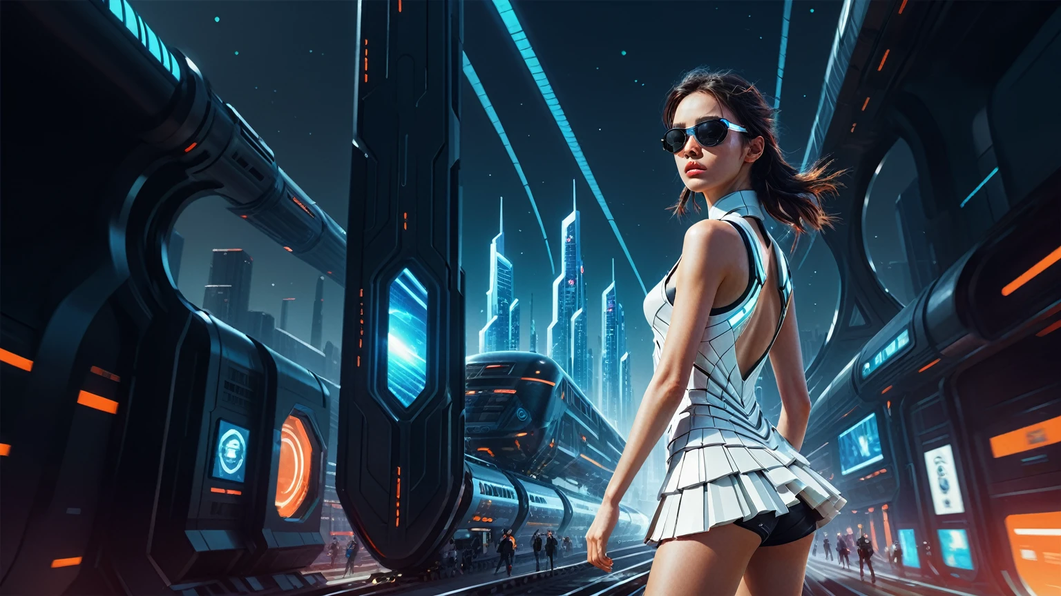Brightly colored abstract aerial view image of a futuristic railway station with a spiral, a (((((futuristic train))))) passing by, epic beautiful space sci-fi, chaotic cinematic space rift, Greg Beeple, planets colliding, Beeple and Tim Hildebrandt, Beeple and Jean Giraud, end of the universe, galaxy space sci-fi, ringworld, by Mike "Beeple" Winkelmann. Matrix style, (((((Matrix cascading code))))), (((((a futuristic twin tower skyscraper with a unique twisted design))))), (((((OLED GUI interfaces in the building))))), at night, (((((1girl, solo))))), photo realistic, (((large-breast:1.2 body, cleavage))), (((off broken mini sling-shirt and black sling bra, extreamly short pleated miniskirt exposing panty))), (((((running pose))))), (((((((matrix style black micro sunglasses))))))), ((((((((((aiming with a short gun)))))))))), (((((looking at camera))))), (((very low view))), (((((half-body thigh level medium shot))))), (((cinematic lighting))).